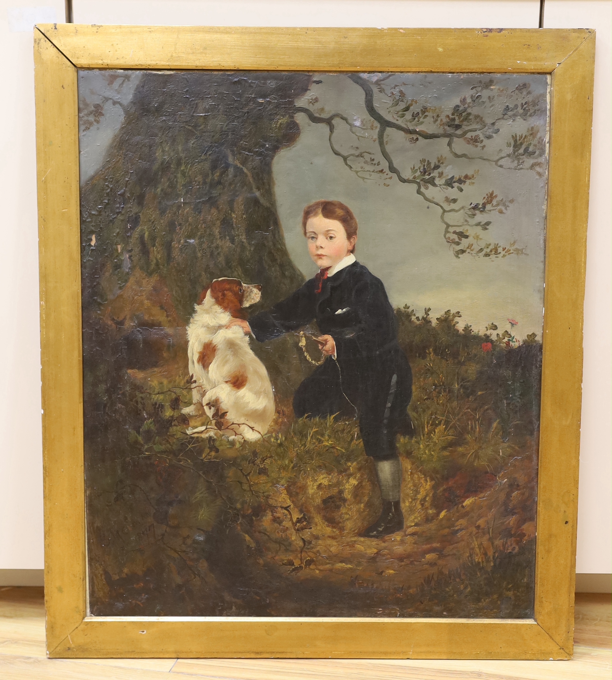 Victorian School, oil on canvas, Boy with his dog before a landscape, indistinctly signed and dated 1877, 60 x 50cm